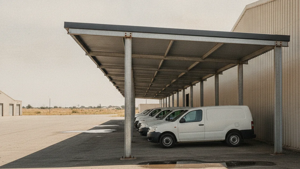 Long multi-bay steel carport covering a row of vehicles at an industrial fleet yard in the Germiston area