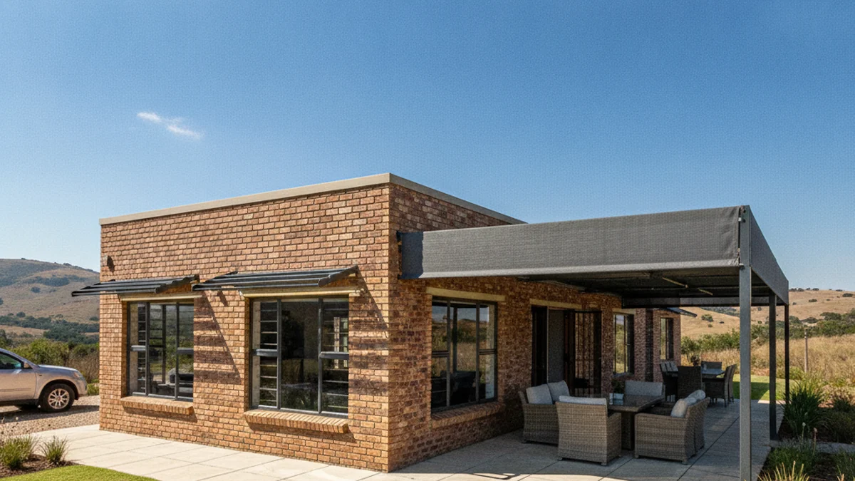 Metal window and patio awnings shading a face-brick East Rand house on a sunny Highveld day