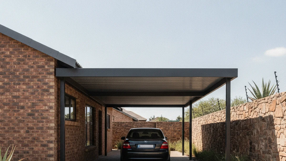 Cantilever carport with no front posts and a clear open front on a narrow East Rand side driveway