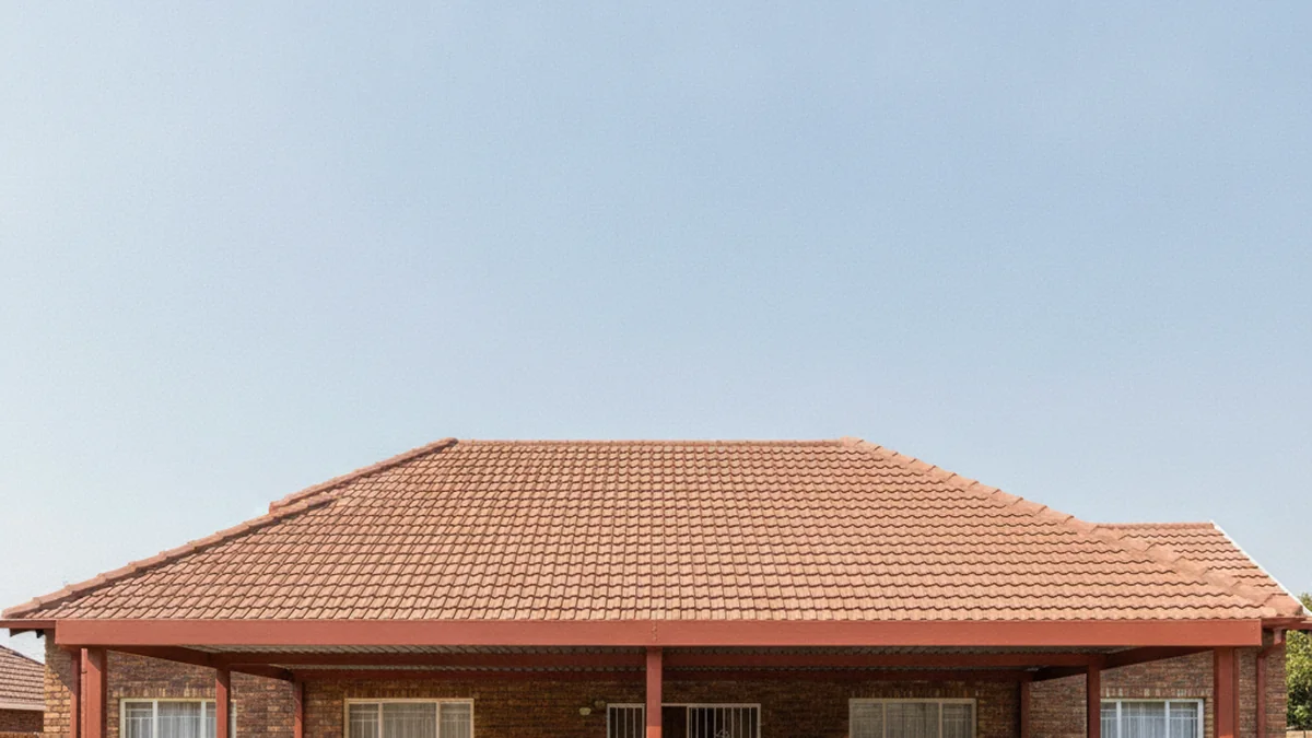 Pitched gable-roof steel carport matching the tiled roof of a face-brick East Rand house