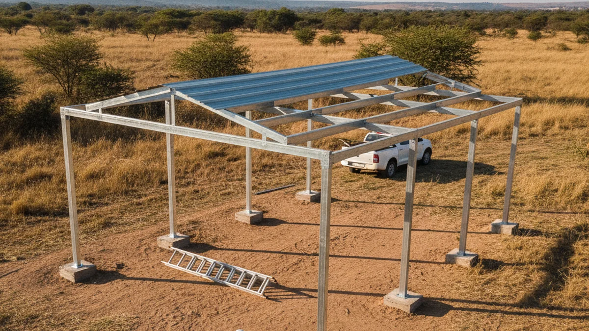 Galvanised steel carport frame part-way through installation on cast footings at an East Rand plot