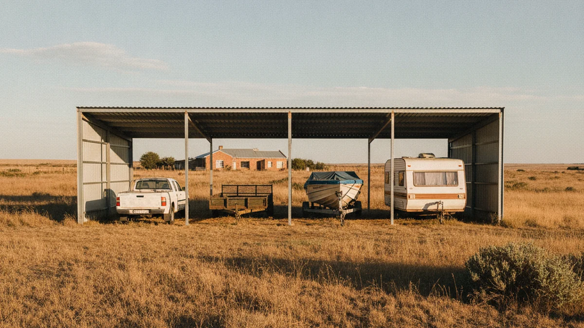 Wide four-bay steel carport on an open East Rand smallholding covering a bakkie, a work trailer, a boat and a caravan
