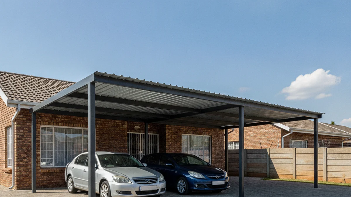 Freestanding steel double carport with an IBR roof in front of a face-brick East Rand family home