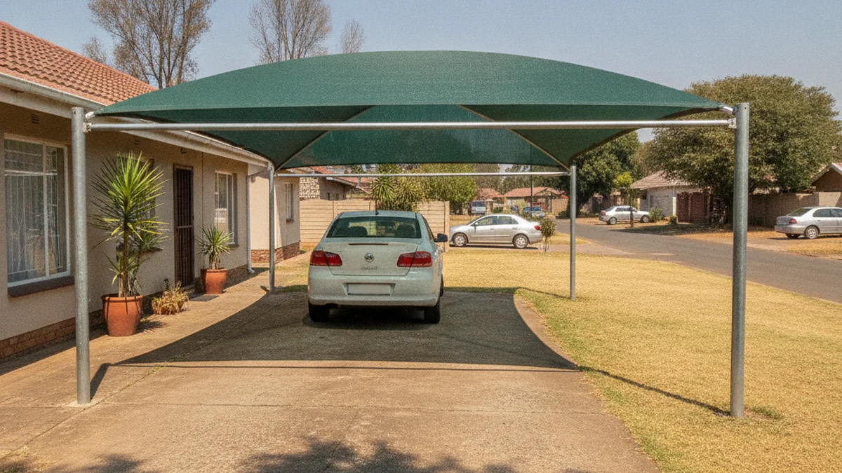 Shade-net shadeport with a green shade-cloth roof covering a car on a suburban East Rand driveway