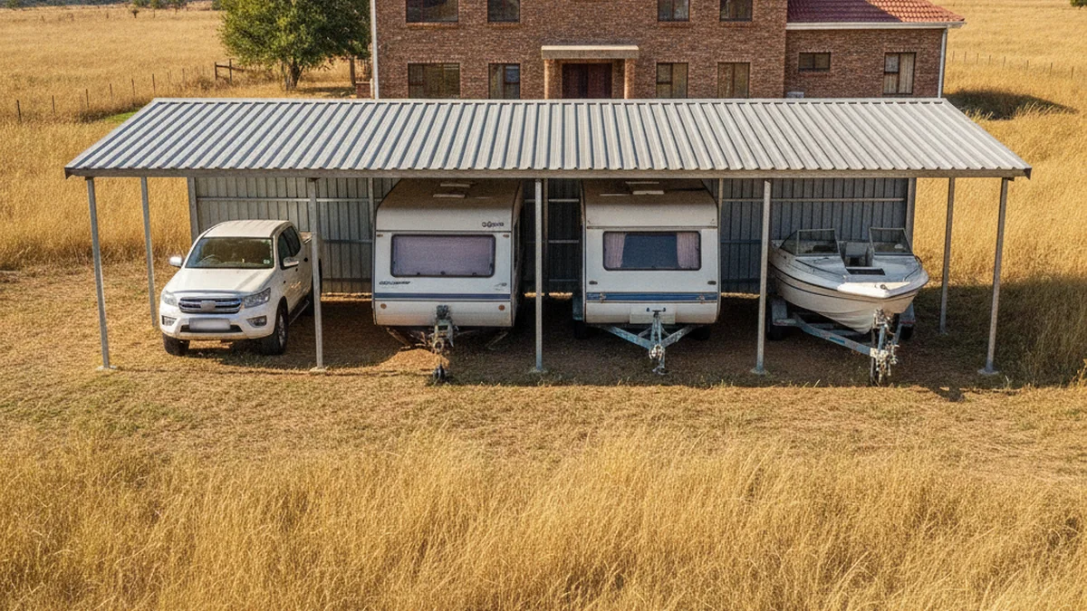 Wide four-bay steel carport on an East Rand plot covering a bakkie, a caravan and a boat on a trailer