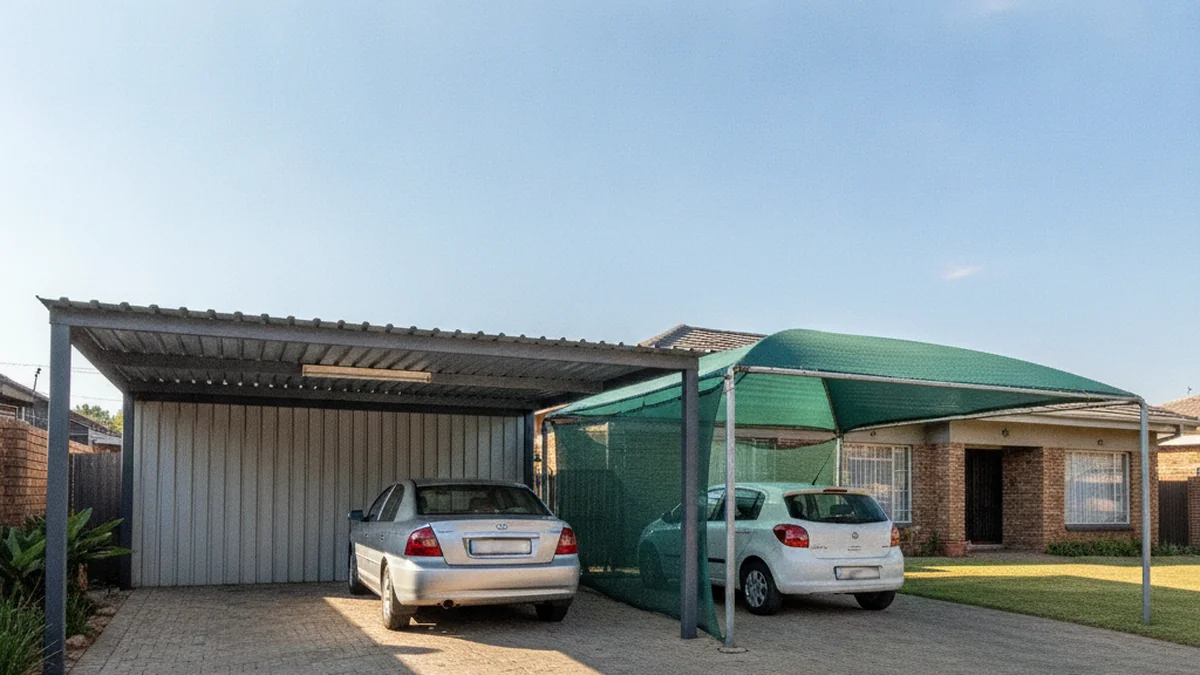 A solid IBR-roof steel carport beside a green shade-net shadeport in one East Rand driveway