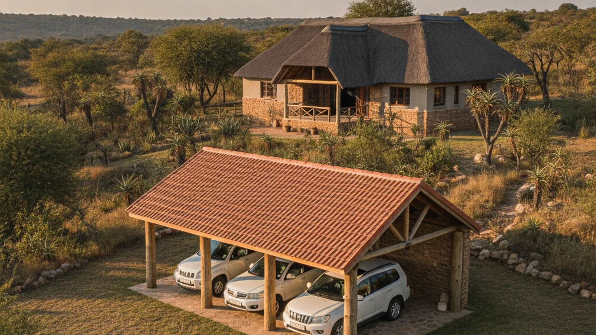 Timber carport with log posts and a tiled roof matching a lapa and thatch plot home on the East Rand